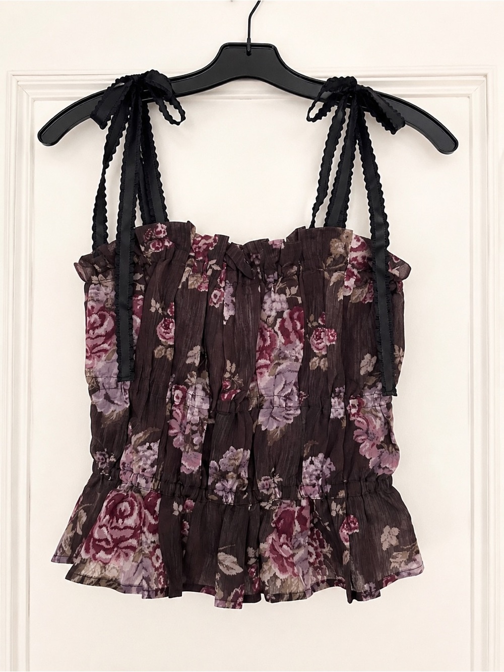 H&M Floral Tie-Shoulder Smocked Camisole in Plum